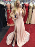 A Line Pearl Pink Lace Up Chiffon Prom Dress with Slit LBQ2281
